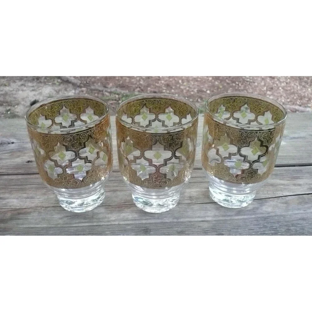 Culver Valencia 3 Footed Double Old Fashioned Glasses 22k Gold USA - Picture 1 of 5